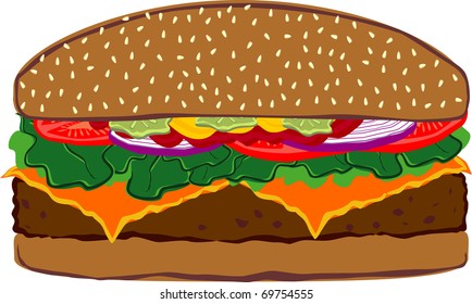Cheeseburger: A hamburger with cheese, lettuce, tomato, onions, pickle, mustard and ketchup on a sesame seed bun.