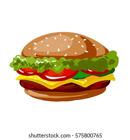 Icono vectorial llano de hamburguesa o hamburguesa de comida rápida. Símbolo aislado de sándwich de hamburguesa con bollo de sésamo y queso para comida rápida para llevar o menú de entrega