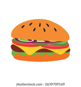 Cheeseburger or hamburger in flat style. Vector illustration of bun with sesame seeds juicy cutlet, lettuce, cheese, onion rings, tomato and cucumber. Colored icon