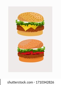 Hamburguesa y hamburguesa en un fondo gris. Cartel, portada, folleto, publicidad de un restaurante, cafetería, restaurante, bistró. El concepto de comida rápida Dibujo vectorial.