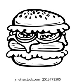 Cheeseburger dibujado a mano doodle. Sandwich con carne de res, lechuga, tomates. Pan con semillas de sésamo. Salsa de tomate, mostaza. Snack de carne a la parrilla. Comida rápida. Vector boceto línea ilustración de arte.