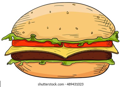 Cheeseburger. Hand drawn sketch. Vector illustration isolated on white background