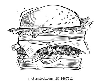 Cheeseburger, ilustración de vector dibujada a mano, monocromo