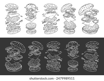 Cheeseburger. Hand drawn vector illustration. Grilled gourmet cheeseburger. Fast food design elements. Restaurant cafe poster, template design. 