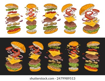 Cheeseburger. Hand drawn vector illustration. Grilled gourmet cheeseburger. Fast food design elements. Restaurant cafe poster, template design. 