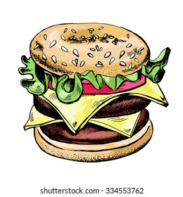 Cheeseburger. Hand drawn vector Illustration.