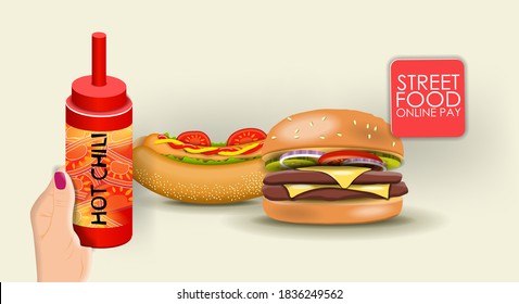 Cheeseburger hot dog and hot sauce bottle on yellow background. Vector banner