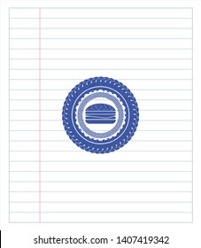 cheeseburger icon drawn with pen strokes. Blue ink. Vector Illustration. Detailed.