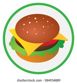 Cheeseburger. Icon for fast food. Bun , Burger , cheese, salad . Vector illustration.