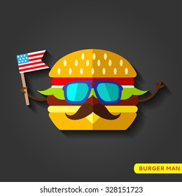 Cheeseburger Icon flat icon with long shadow, eps10, for menu, cafe and restaurant. Flat design vector isolated on black background.Cartoon hipster character with mustache and sunglasses, flag USAa .