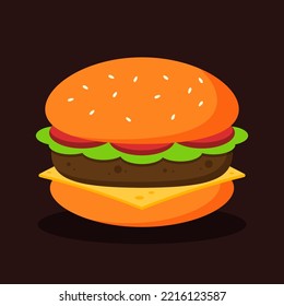 
Cheeseburger icon. Hamburger with bun, tomato, lettuce, cheese, and meat. Junk food or unhealthy menu. Delicious burger meal or snack. Cute cartoon vector. Flat graphic design isolated illustration.