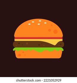 Cheeseburger icon. Hamburger with bun, tomato, lettuce, cheese, and meat. Junk food or unhealthy menu. Delicious burger meal or snack. Cute cartoon vector. Flat graphic design isolated illustration.