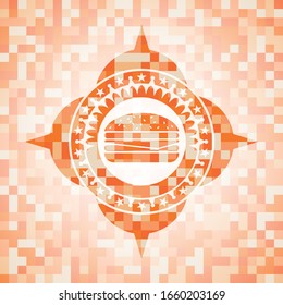 cheeseburger icon inside abstract emblem, orange mosaic background