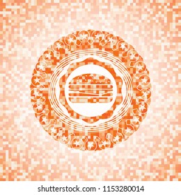 cheeseburger icon inside abstract orange mosaic emblem with background