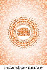 cheeseburger icon inside abstract orange mosaic emblem with background