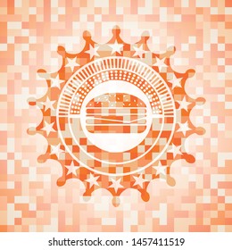 cheeseburger icon inside abstract orange mosaic emblem