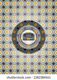 cheeseburger icon inside arabesque badge background. arabic decoration.