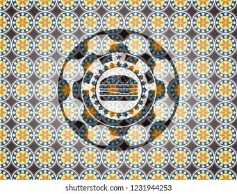 cheeseburger icon inside arabesque emblem. arabic decoration.