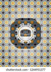 cheeseburger icon inside arabesque emblem. arabic decoration.
