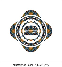 cheeseburger icon inside arabesque emblem background. arabic decoration.