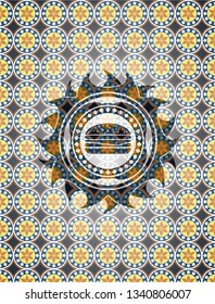 cheeseburger icon inside arabesque style badge. arabic decoration.