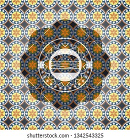cheeseburger icon inside arabesque style emblem. arabic decoration.