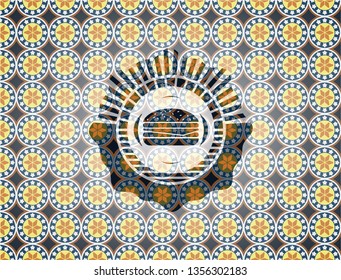 cheeseburger icon inside arabesque style badge. arabic decoration.