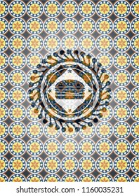 cheeseburger icon inside arabic badge. Arabesque decoration.