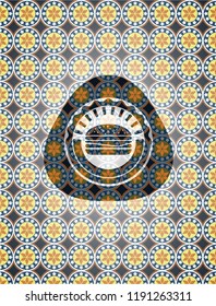 cheeseburger icon inside arabic badge background. Arabesque decoration.