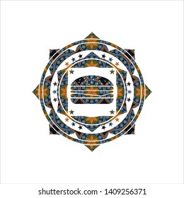 cheeseburger icon inside arabic badge. Arabesque decoration.