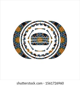 cheeseburger icon inside arabic badge background. Arabesque decoration.