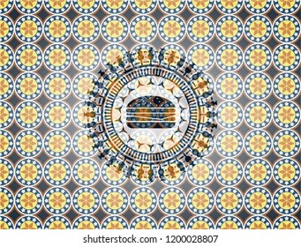 cheeseburger icon inside arabic emblem. Arabesque decoration.