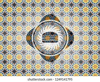 cheeseburger icon inside arabic emblem. Arabesque decoration.