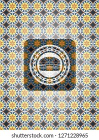 cheeseburger icon inside arabic emblem. Arabesque decoration.
