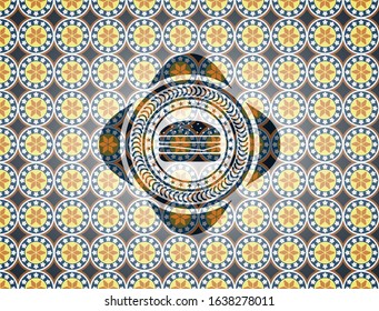 cheeseburger icon inside arabic emblem. Arabesque decoration.