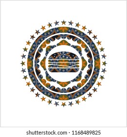 cheeseburger icon inside arabic style emblem. Arabesque decoration.