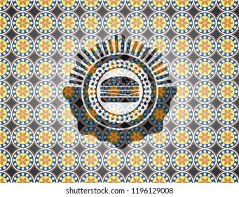 cheeseburger icon inside arabic style emblem. Arabesque decoration.