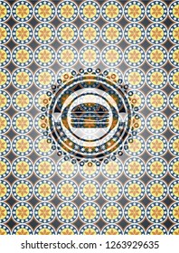 cheeseburger icon inside arabic style badge. Arabesque decoration.