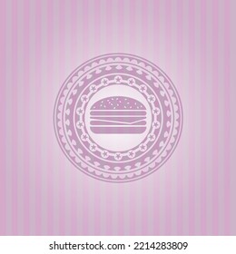 cheeseburger icon inside badge with pink background. Amazing desing. 