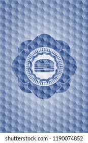 cheeseburger icon inside blue badge with geometric pattern background.