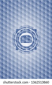 cheeseburger icon inside blue badge with geometric pattern background.