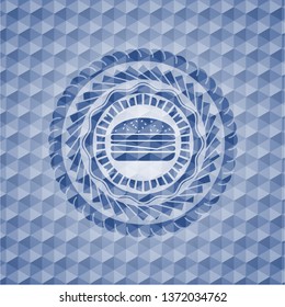 cheeseburger icon inside blue badge with geometric pattern.