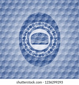 cheeseburger icon inside blue emblem with geometric pattern.