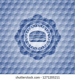 cheeseburger icon inside blue emblem or badge with geometric pattern background.