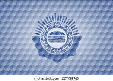 cheeseburger icon inside blue emblem with geometric pattern background.