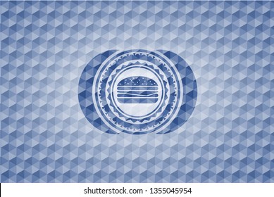cheeseburger icon inside blue emblem with geometric pattern.