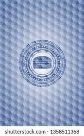 cheeseburger icon inside blue emblem with geometric pattern.