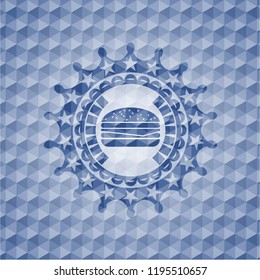 cheeseburger icon inside blue hexagon emblem.