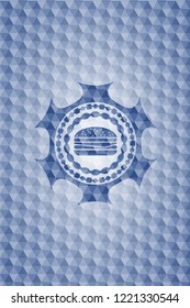 cheeseburger icon inside blue hexagon badge.