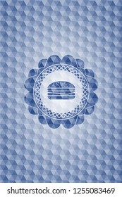 cheeseburger icon inside blue polygonal badge.